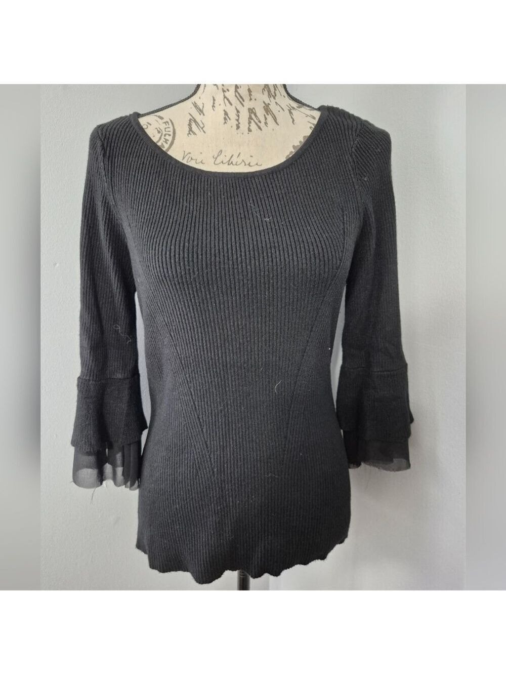 White House Black Market Charcoal Black Trumpet Sleeve Knit Sweater Med